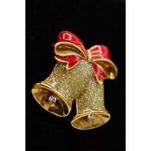 Vintage Avon Gold Tone Glitter Enamel Bow Rhinestone Christmas Bells Brooch Pin
